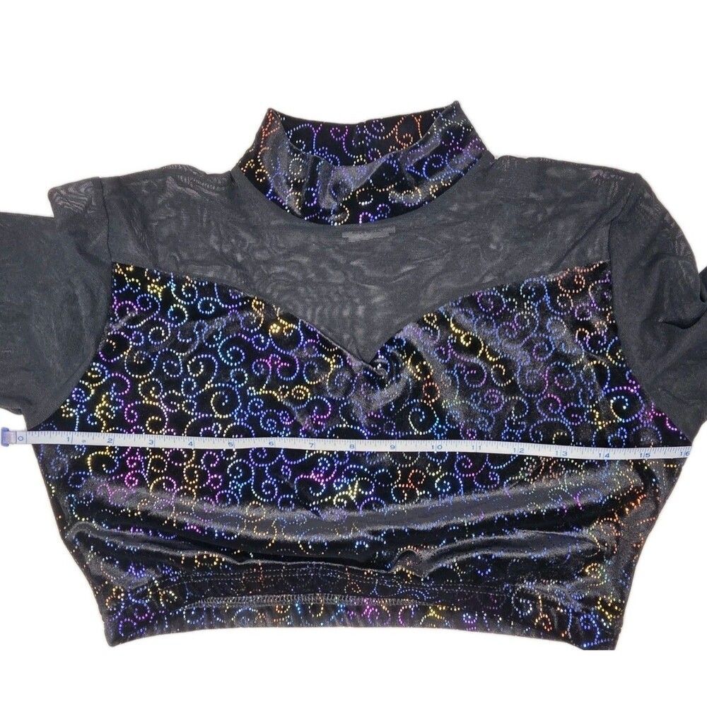 Body Wrappers VTG Mesh Velvet LS Mock Neck Dance Midriff Rainbow Bling Top AM, M - Picture 13 of 16